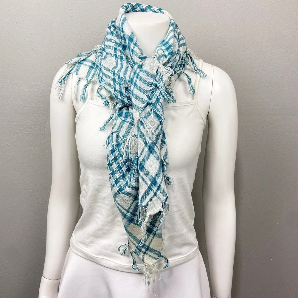 Plaid Fringe Scarf Blue‎ White Shawl Y2K Indie Sleaze Euro Summer Picnic Wrap
